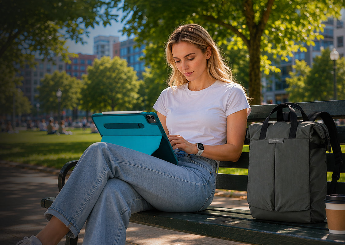 Woman using a tablet on a park bench with a gray bag and coffee cup beside her