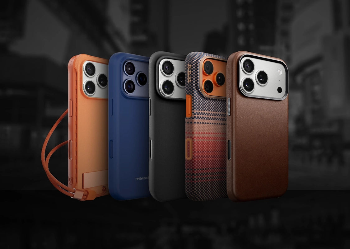6 iphone 17 cases on greyscale cityscape background