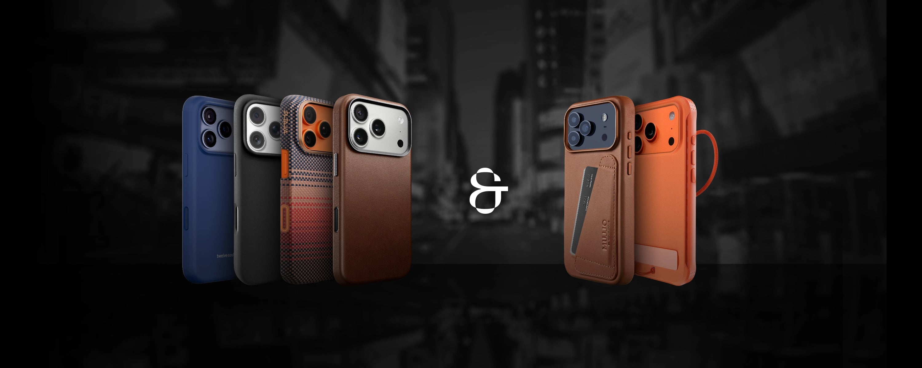 6 iphone 17 cases on greyscale cityscape background